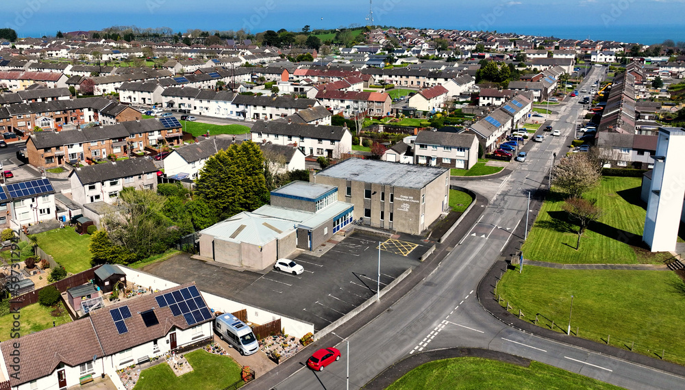 Aerial view of CraigyHill Presbyterian Church Larne Co Antrim Northern Ireland