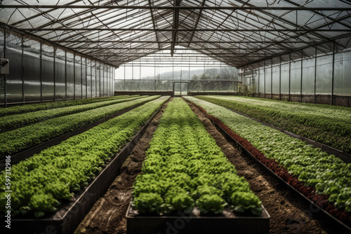 A remarkable scene of a large indoor greenhouse with rows of lettuce plants growing in the ground and fog coming through the glass roof.. Generative Ai