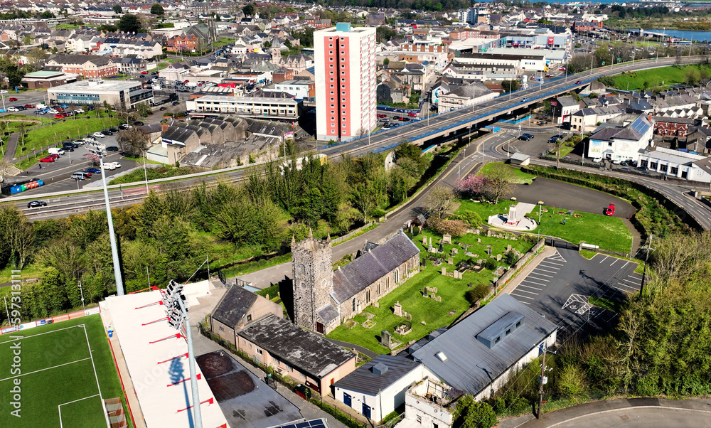 Aerial view of St Cedmas Church and Parish Hall Larne Co Antrim Northern Ireland