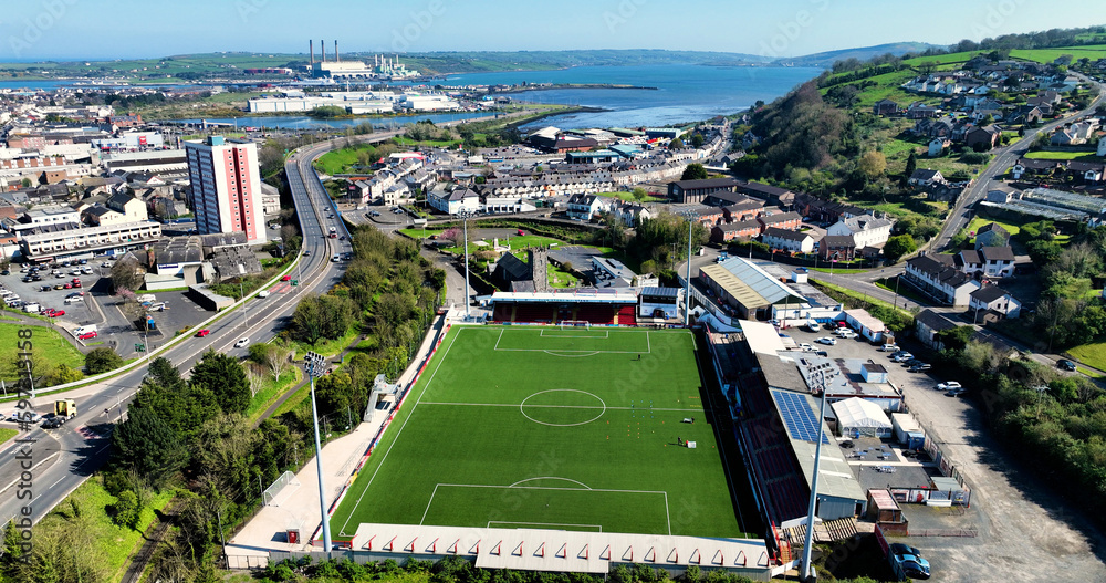 Aerial photo of 3G Stadium pitch at Larne FC Club Co Antrim Northern