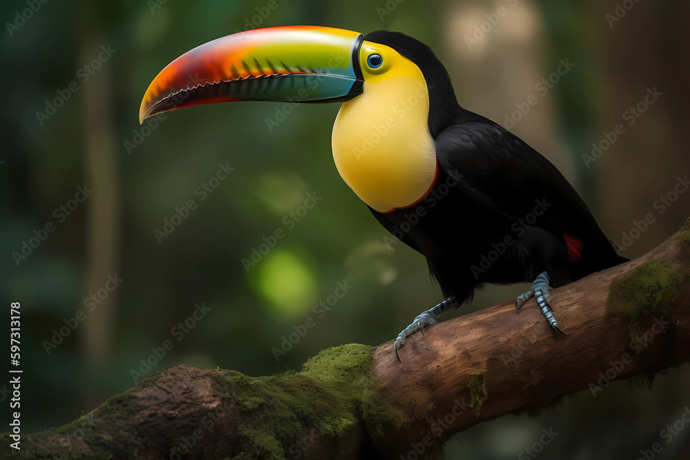 Obraz premium Toucan (Central and South America) - Known for their large, colorful beaks, and found in the rainforests of Central and South America (Generative AI)