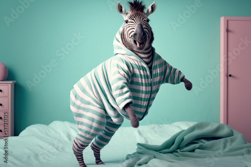 fat zebra in a terry bathrobe dancing on bed , created with Generative AI technology