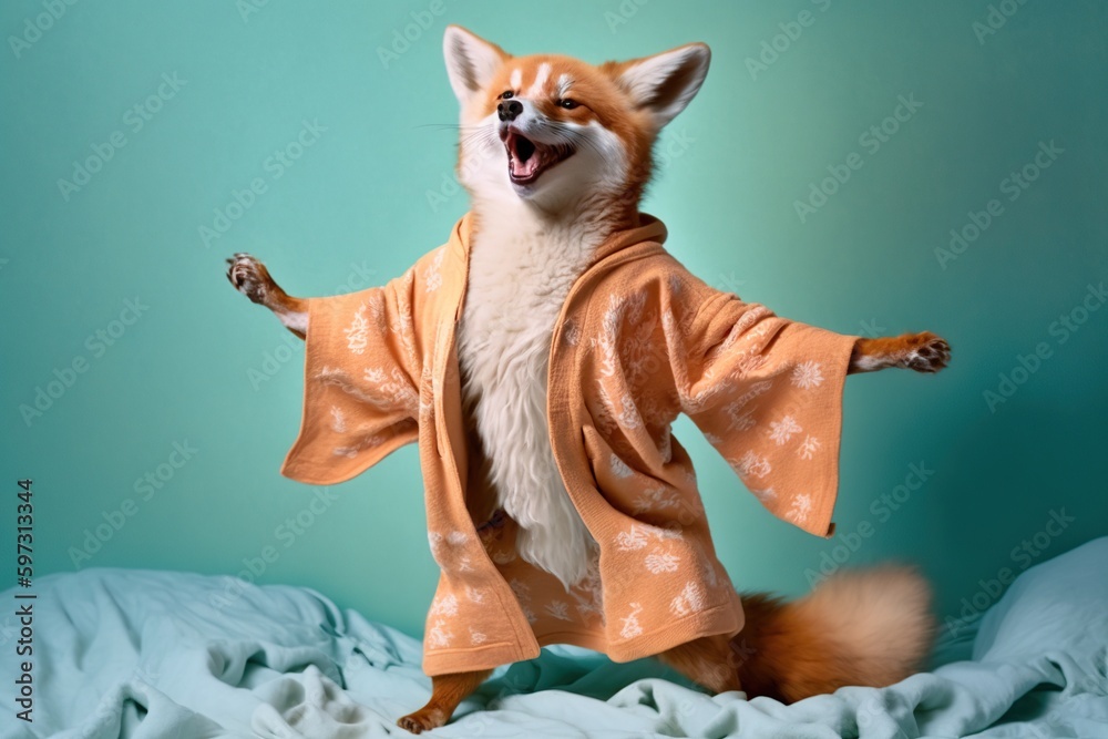 Studio portrait of fox in a terry bathrobe joyfully dancing on bed, created with Generative AI technology - obrazy, fototapety, plakaty 