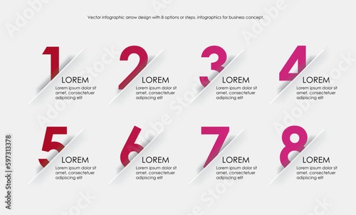 Pink Vector infographic illustration. Line infographic numbers template with eight elements. Timeline designed for business, presentations, web design, interface, diagrams with 8 step