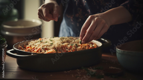 Woman taking baking dish with tasty rice casserole out of oven, generative ai