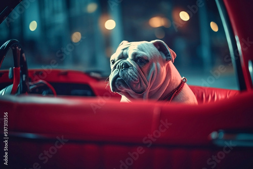 Generative AI image of a bulldog sitting in a car