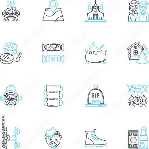 Celebration linear icons set. Party, Festivity, Jubilation, Merrymaking, Rejoicing, Commemoration, Fte line vector and concept signs. Brouhaha,Fest,Gala outline illustrations