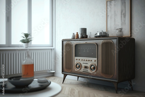 retro radio iinside room with decorative on table and window