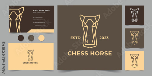 chess horse monoline animal logo and business card template