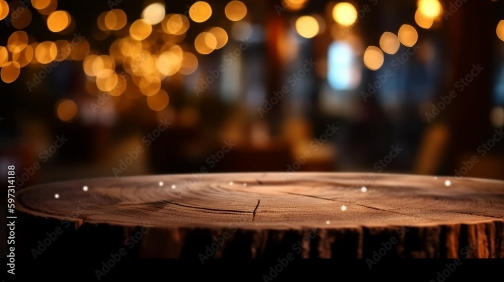 Empty wooden table top with lights bokeh on blur background. Mock-up banner. 