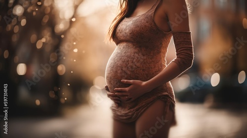 full body view of a belly of a pregnant fit woman. generative ai