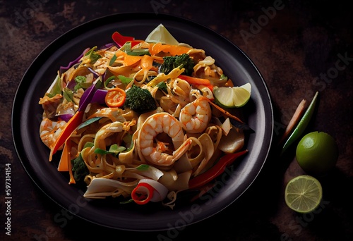 Funchosa with shrimp and vegetables in a plate Pad Thai. generative ai