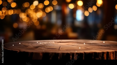 Empty wooden table top with lights bokeh on blur background. Mock-up banner. 