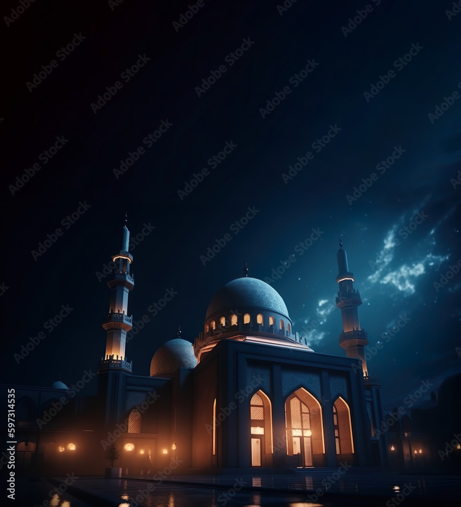 mosque at night special eid mubarak islamic celebration background Generative AI
