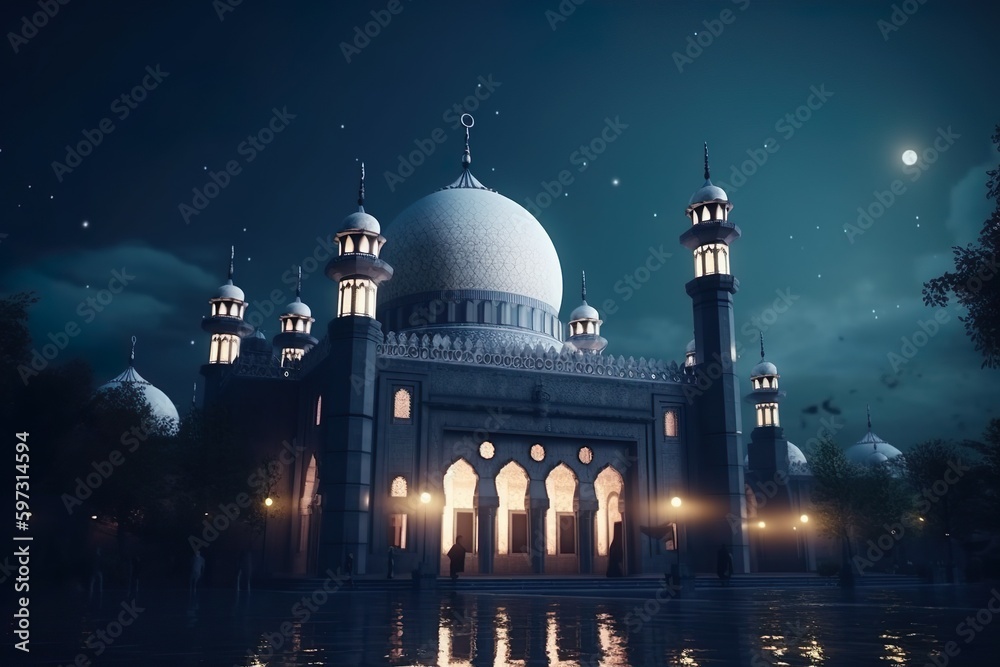 mosque at night special eid mubarak islamic celebration background Generative AI