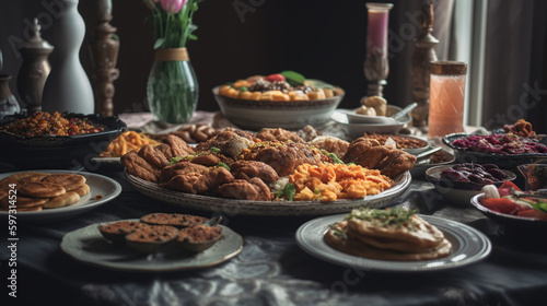 Traditional Eastern dishes on table. Celebration of Eid al-Fitr, Generative ai