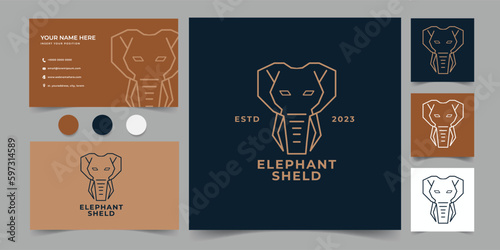 elephant shield monoline animal logo and business card template