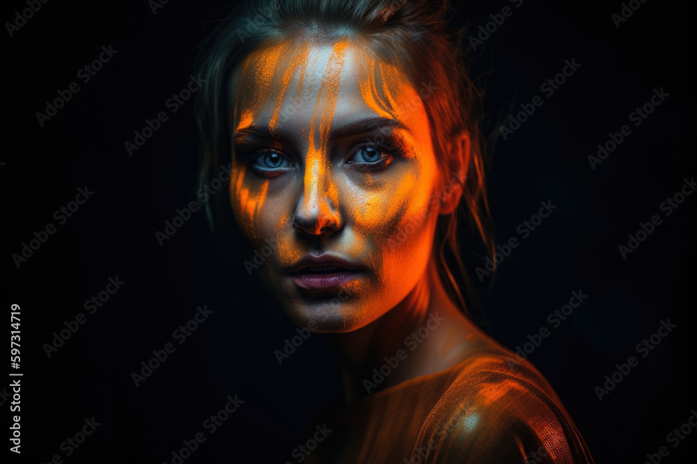 Artistic portrait of a mysterious woman with neon orange makeup and a dark background, generative ai