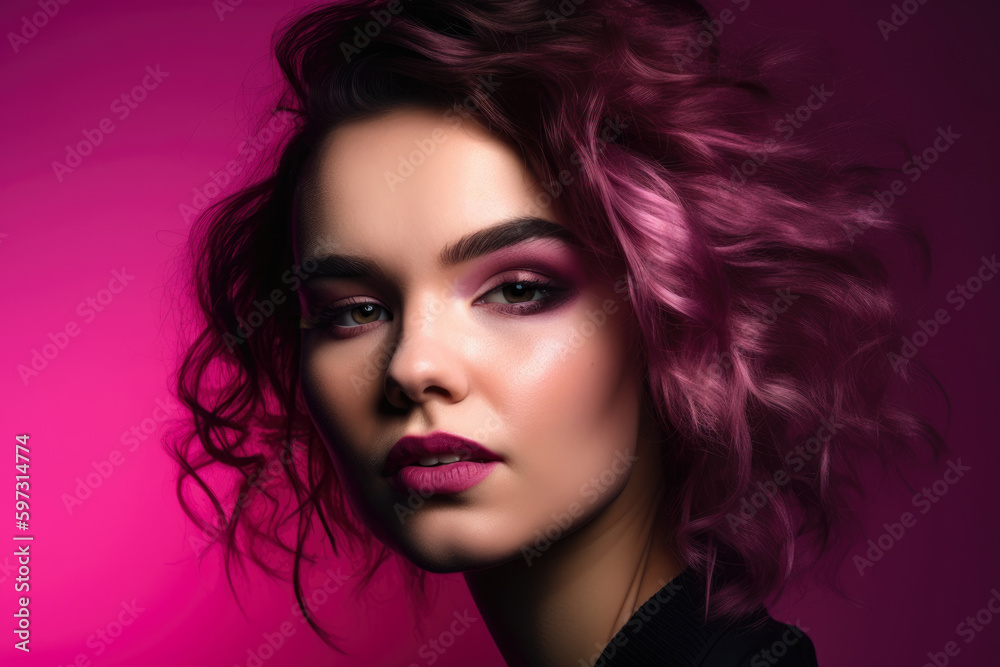 attractive woman with dark pink eyeshadow and tousled hair, emanating passion against a magenta background that radiates intensity and passion, generative ai attractive woman with dark pink eyeshadow and tousled hair, emanating passion against a magenta background that radiates intensity and passion, generative ai