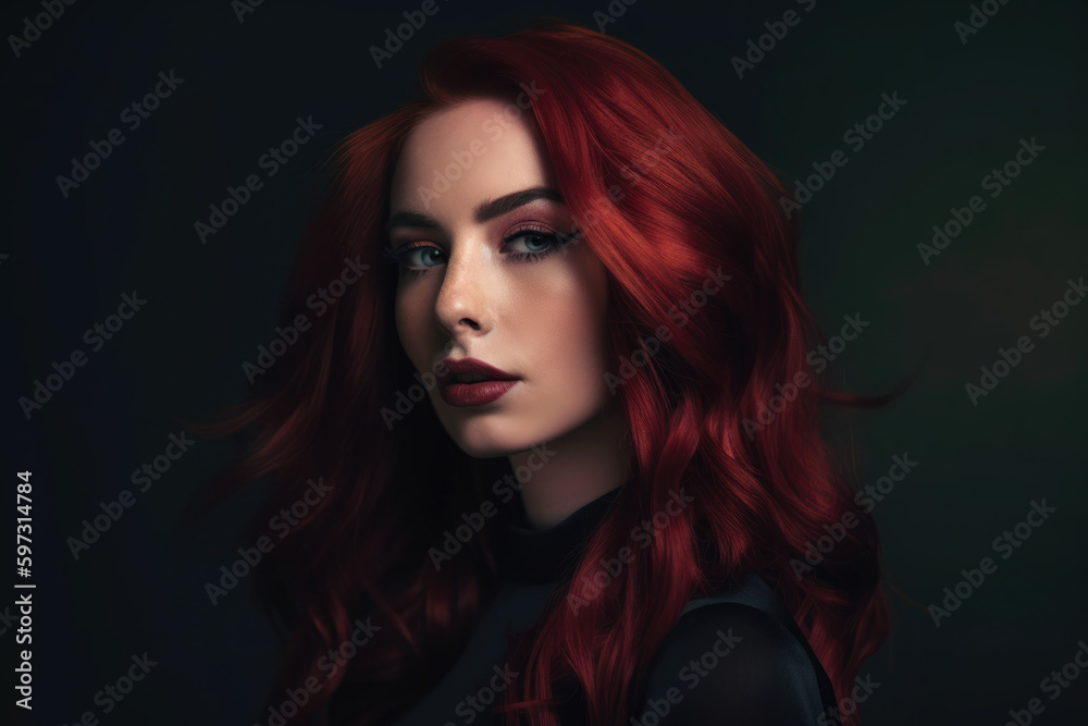 attractive woman with rose-colored hair styled in loose waves, wearing a deep red lip and standing against a dark and moody background, generative ai