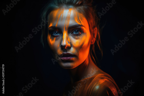 Artistic portrait of a mysterious woman with neon orange makeup and a dark background, generative ai