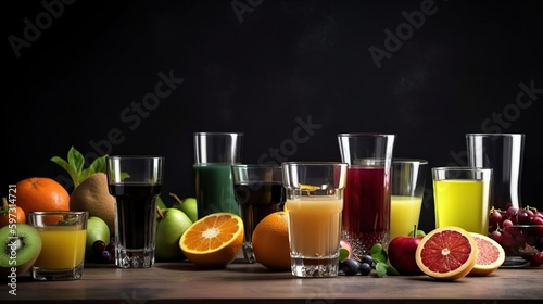 Glasses with different juices and fresh fruits on table with black baground, generative ai