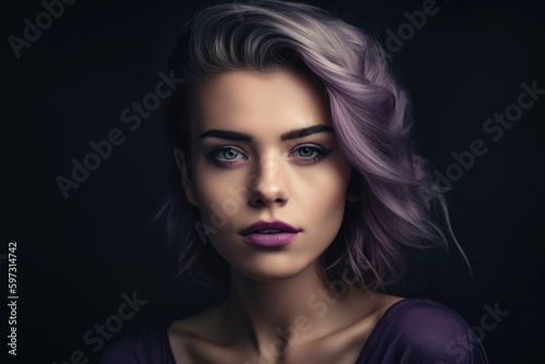 attractive portrait of a beautiful woman with deep lavender lips  her alluring gaze fixed on the viewer against a dark lavender background  generative ai