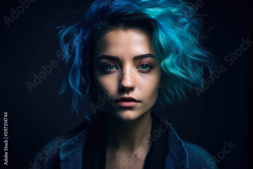 attractive portrait of a fascinating woman with deep blue lipstick and tousled blue hair  posing against a neon blue background  generative ai