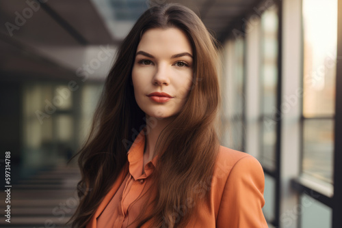 Attractive woman with long brown hair and warm brown eyes wearing a salmon-colored blazer and gold necklace, standing in front of a sleek modern building with glass walls, generative ai © aicandy