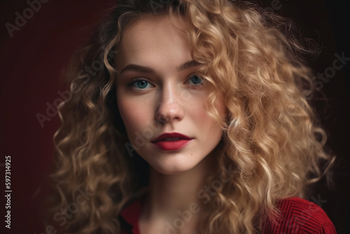 Beautiful woman with curly blonde hair and vibrant red lips posing against a pale green background with a bohemian vibe  generative ai