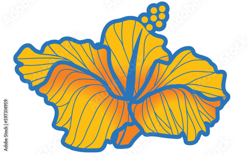 hibiscus illustration ,yellow with main line,  image of southern country and hawaii and tropical image | apparel, textile