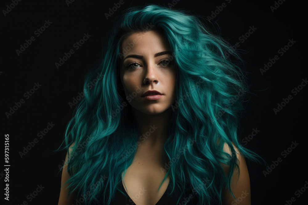 beautiful woman with long, wavy teal hair posing against a dramatic teal and black background, exuding both strength and vulnerability, generative ai