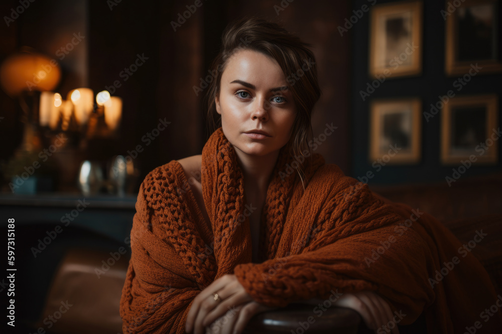 beautiful woman with striking features and a Sienna-colored scarf draped over her shoulders, sitting on a plush velvet chair in a cozy room, generative ai beautiful woman with striking features and a Sienna-colored scarf draped over her shoulders, sitting on a plush velvet chair in a cozy room, generative ai