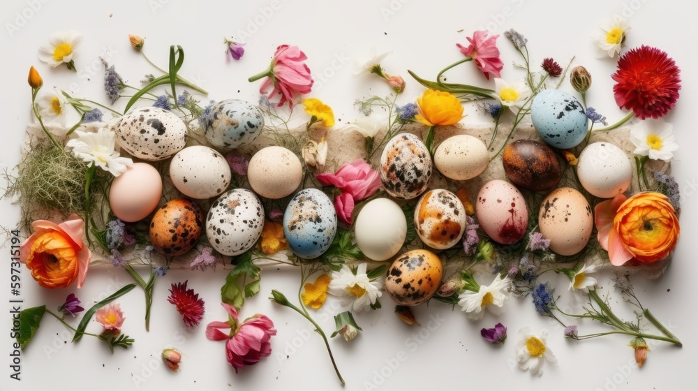 Spring into Easter with a Top View of Intricate Quail Egg Decorations Amongst Colorful Blooms on a White Surface Perfect for Copy, Generative ai