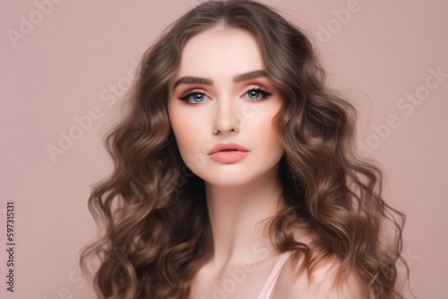 beautiful woman with long wavy hair and soft pink makeup, standing confidently in front of a light pink background with a gentle hint of shimmer, generative ai