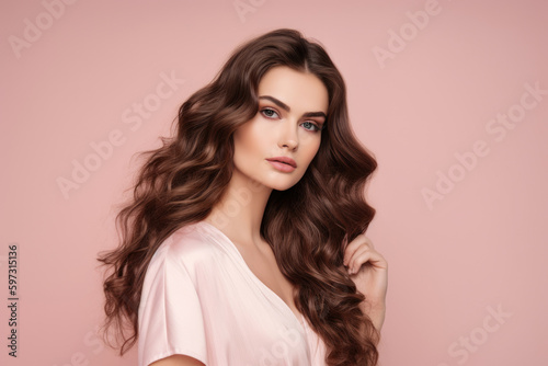 beautiful woman with long wavy hair and soft pink makeup, standing confidently in front of a light pink background with a gentle hint of shimmer, generative ai