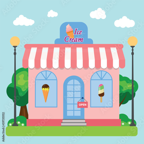 Facade ice cream shop with a signboard, an awning and a symbol in the showcase. Front store for brochure or banner.