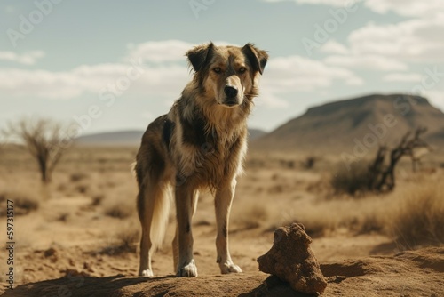 Young dog in arid landscape. Generative AI Fototapeta