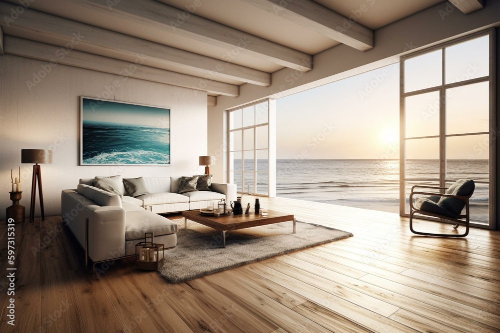 Luxury beach house living room with sea view, wooden floor, and modern ...