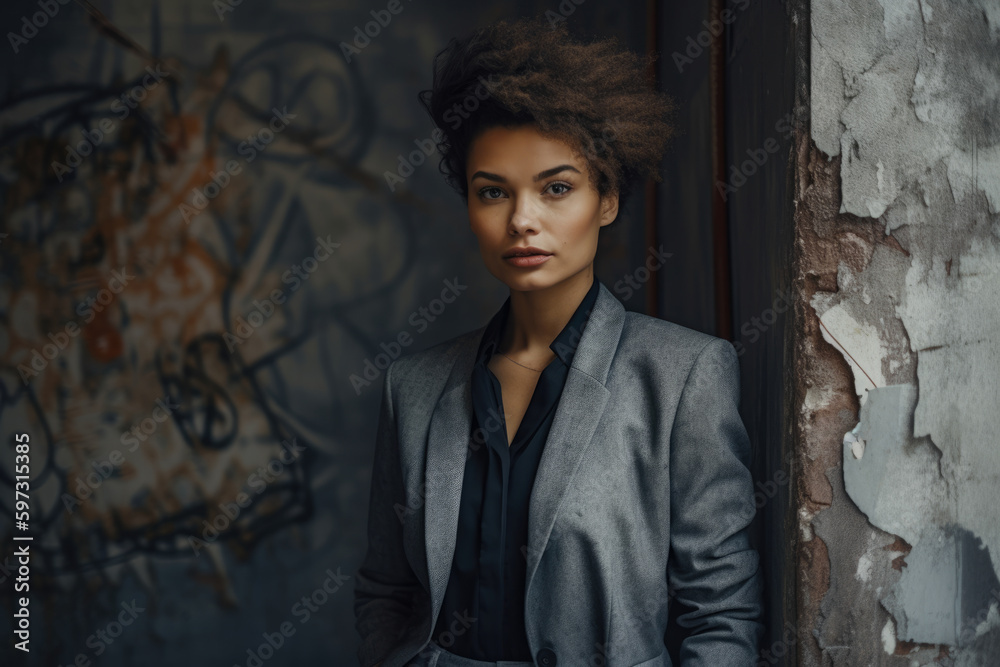 Bold woman with a fierce gaze, wearing a slate gray blazer and matching pants, posing against a slate wall with a hint of texture, generative ai Bold woman with a fierce gaze, wearing a slate gray blazer and matching pants, posing against a slate wall with a hint of texture, generative ai