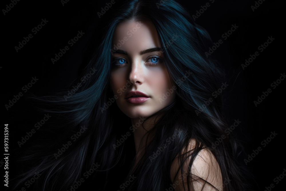 breathtaking portrait of a beautiful woman with bright blue eyes and long, flowing black hair, set against a dark, stormy gray background, generative ai