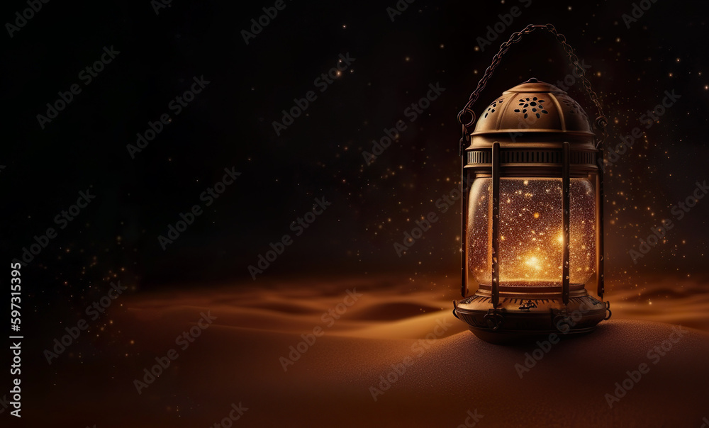 islamic arabic lantern on desert for eid islamic celebration copy space background Generative AI