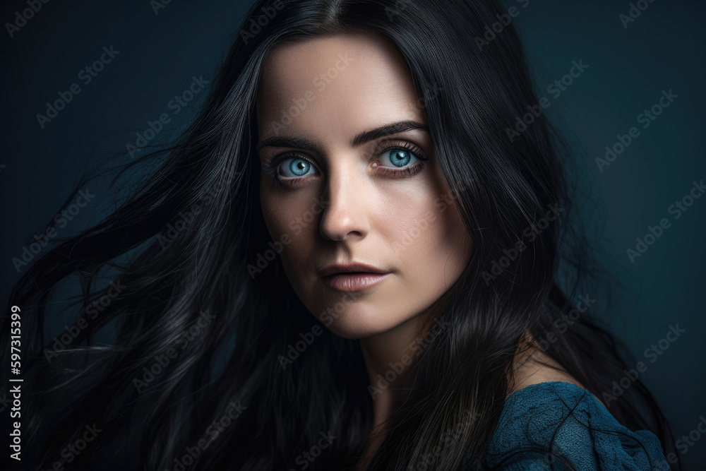 breathtaking portrait of a beautiful woman with bright blue eyes and long, flowing black hair, set against a dark, stormy gray background, generative ai