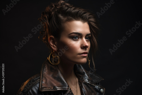 Bold portrait of a fierce woman with chocolate brown hair styled in a messy bun, wearing a leather jacket and a silver statement earring, generative ai