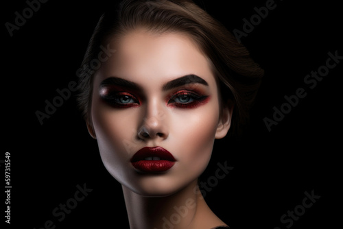 captivating portrait of a woman with deep red lips  smokey eyes  and flawless skin set against a black background  generative ai