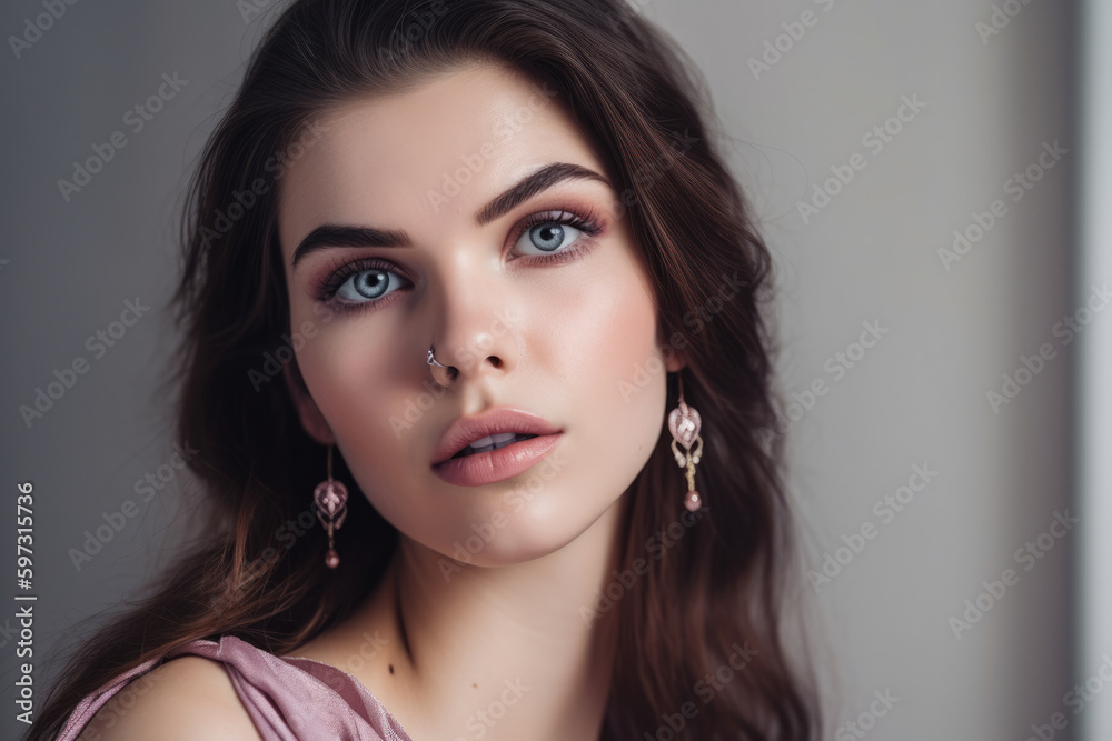 captivating woman with striking mauve eyes, adorned with delicate silver jewelry, posing against a white textured background with hints of mauve and pink, generative ai captivating woman with striking mauve eyes, adorned with delicate silver jewelry, posing against a white textured background with hints of mauve and pink, generative ai