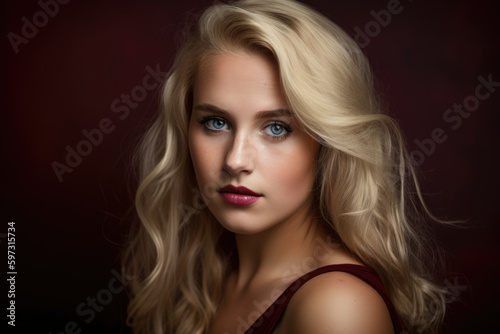 captivating woman with maroon background, her striking blue eyes and flowing blonde hair make her a true beauty, generative ai
