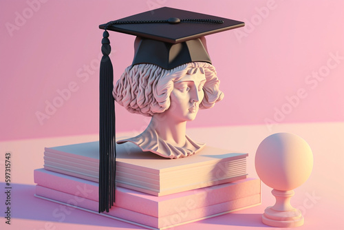 Plaster head of woman in Graduate cap stands on academic books, pink background. The concept of graduation from school, university, education, study photo