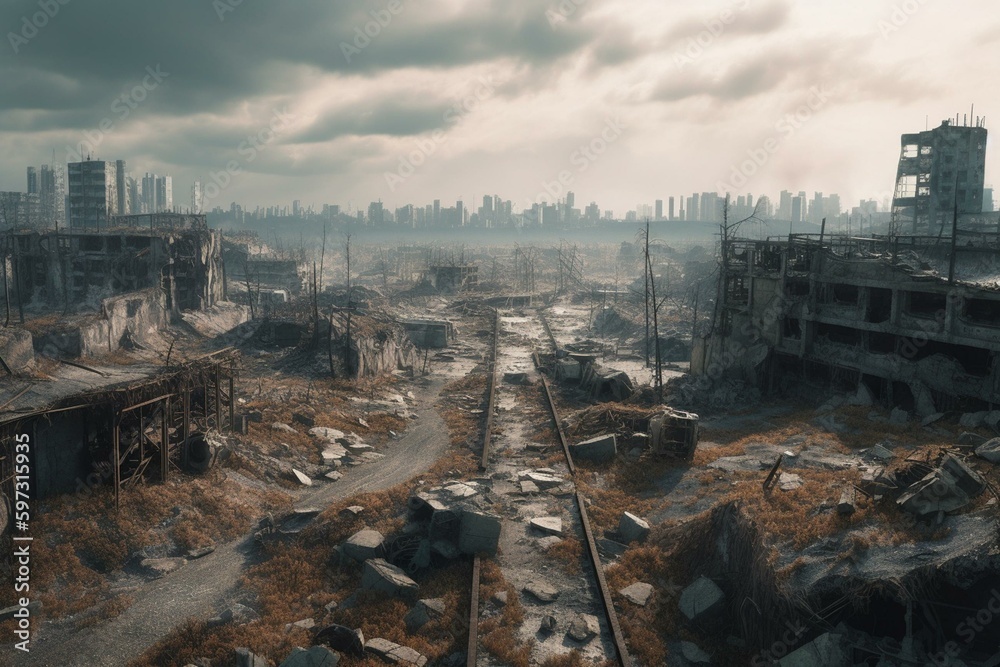 A destroyed city from war or disaster. Apocalyptic concept. Generative AI