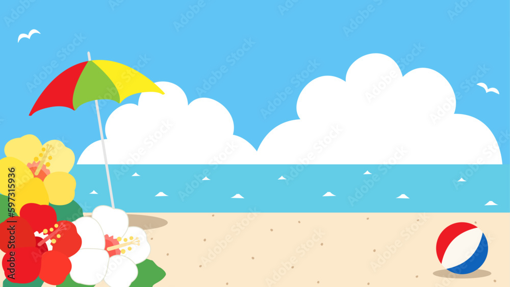 ハイビスカスと海や入道雲などの真夏のビーチをイメージ　アスペクト比16：9したイラスト